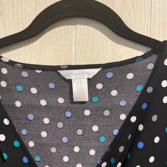 London Times Black Long Sleeve Dress with Blue and White Dots - Picture 2 of 6